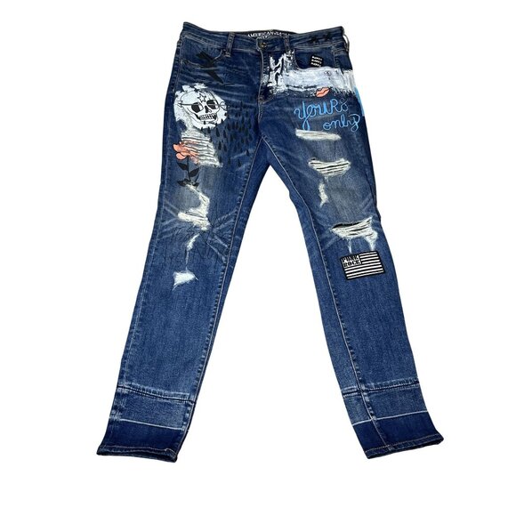 American Eagle Outf Womens Urban Skull High-Rise Skinny Jeans Sz 12 Graphic Pr - Picture 2 of 16